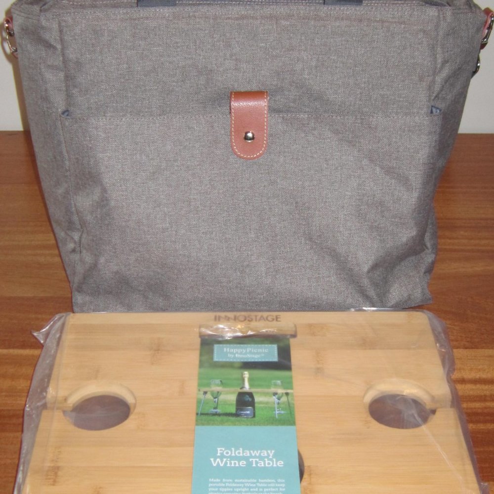 INNOSTAGE Lg Insulated Cooler Tote XL Portable Wine Picnic Cooler w/bamboo table